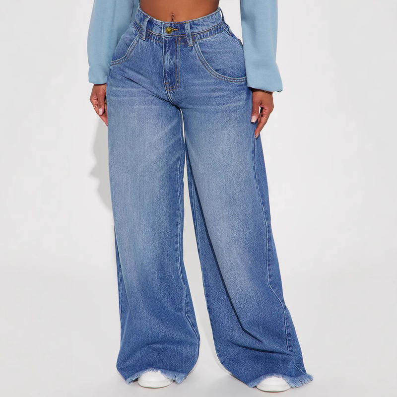 European and American Women's Loose Waist Design High Waist Woolen Wide Leg Baggy Denim Trousers