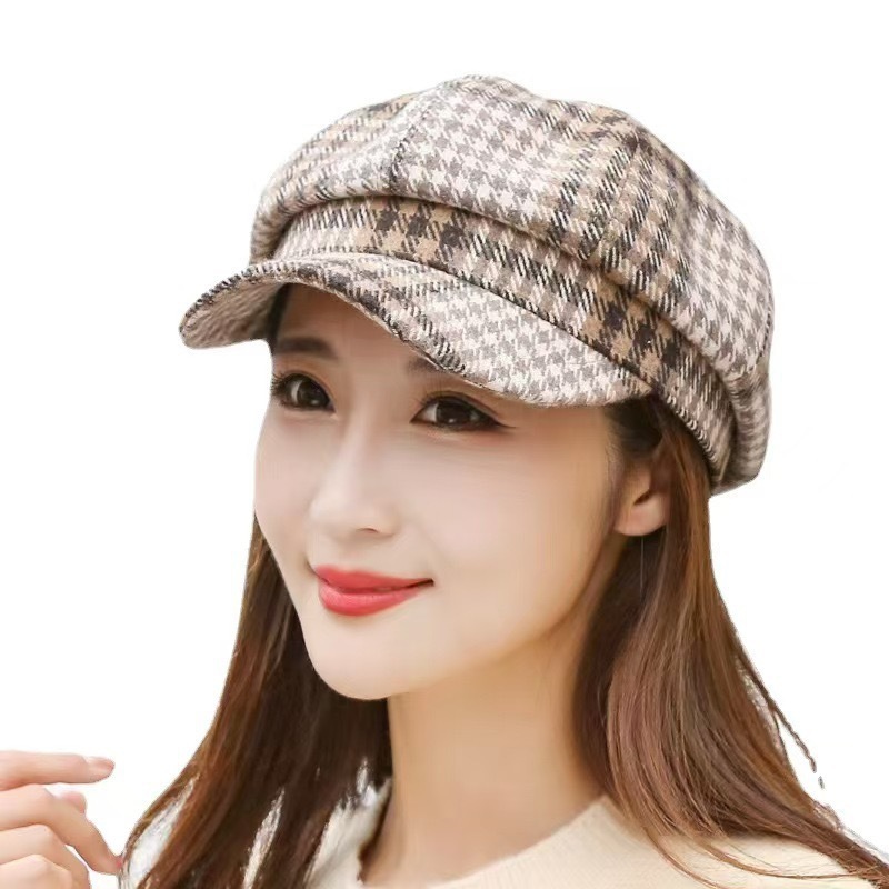 帽子秋と冬のファッション八角形帽子女性英国韓国語版日本のチェック柄ベレー帽キャップ卸売レトロ画家|undefined