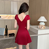 Low cut deep V-waisted large hem A-line skirt short sleeved dress