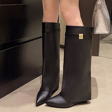 2025新款欧美外贸秋冬季新款锁扣粗跟马丁靴坡跟尖头侧拉链女靴