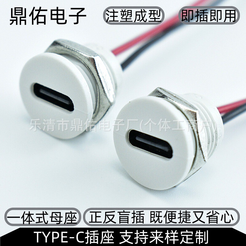 White threaded injection-molded integrated TYPE-C female connector 2P with cable waterproof female connector USB charging port