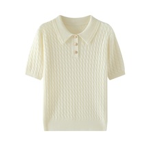 简约百搭十二针麻花山羊绒衫女针织打底衫POLO领半袖绞花上衣内搭