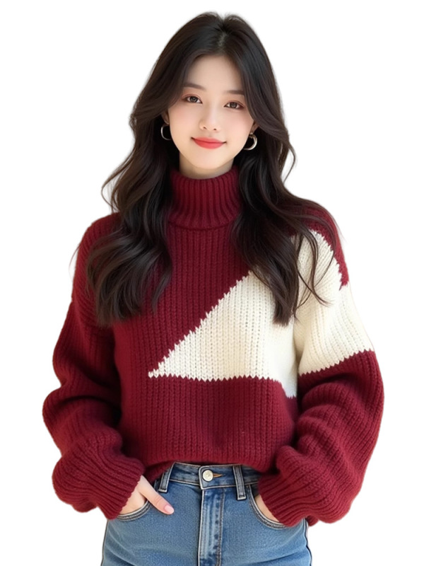 红白撞色加厚高领毛衣女冬季2025新款蛇年本命年新年战袍圣诞上衣|undefined
