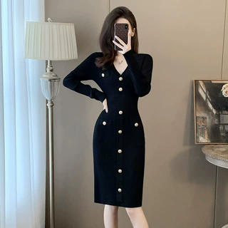 赫本风小黑裙女春季广州十三行过膝包臀长裙冰丝针织连衣裙小香风