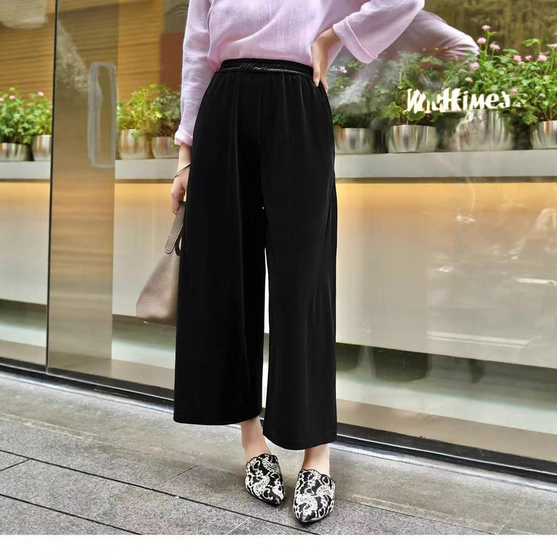 丝绒阔腿裤九分裤女2025新款高腰宽松显瘦小个子筒裤直筒休闲裤子|undefined