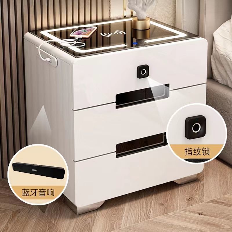 Smart Bedside Table with Simple Modern Multifunction, LED Light, Wireless Charging, Fingerprint Lock, Bluetooth Speaker, Bedroom Bedside Cabinet