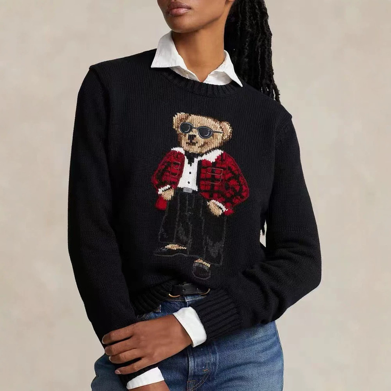Cross-Border High-Quality Pony Logo Sweater with Qr Code, R-L Pure Cotton Heavy-Duty Cartoon Bear Design, Popular Autumn and Winter Sweater for Women Cross-Border High-Quality Pony Logo Sweater with Qr Code, R-L Pure Cotton Heavy-Duty Cartoon Bear Design, Popular Autumn and Winter Sweater for Women