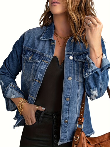 Women's Distressed Denim Jacket Casual Light Blue Ripped