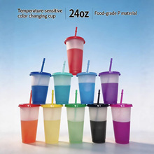 跨境爆款710mlPP塑料杯创意感温遇冷变色吸管咖啡杯茶饮料杯批发