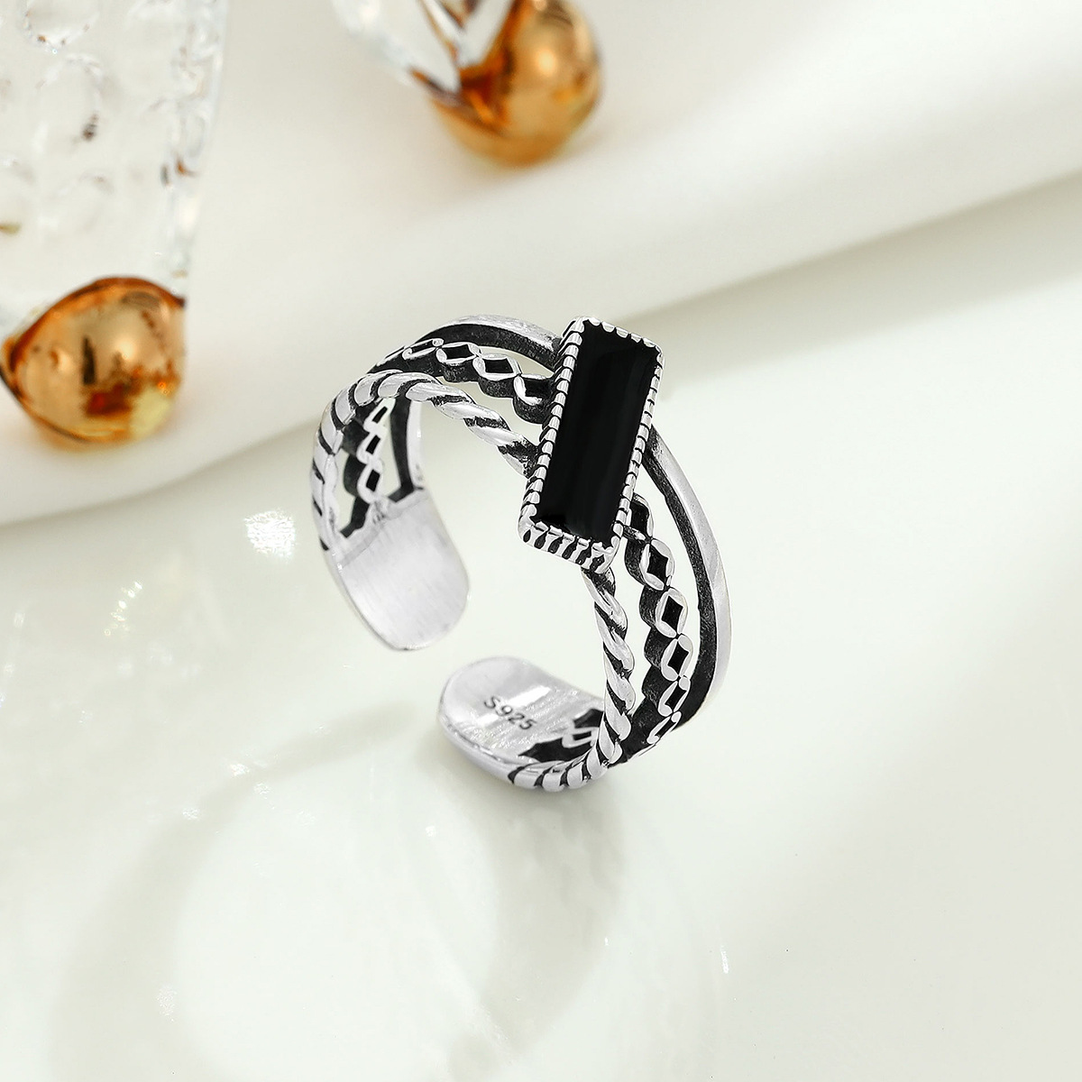 S925 Sterling Silver Personality Retro Rectangular Ring Niche Temperament Jewelry High-end Female Square Open Ring