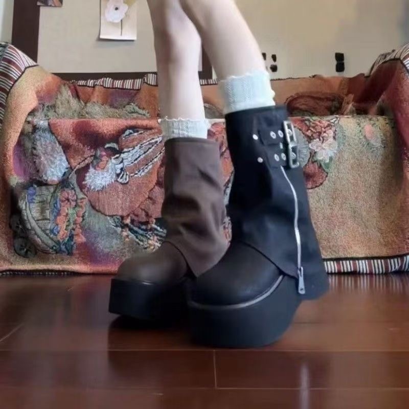 韩版圆头时装靴厚底短靴女圆头皮带扣时尚百搭套筒拉链裤管靴气质|undefined