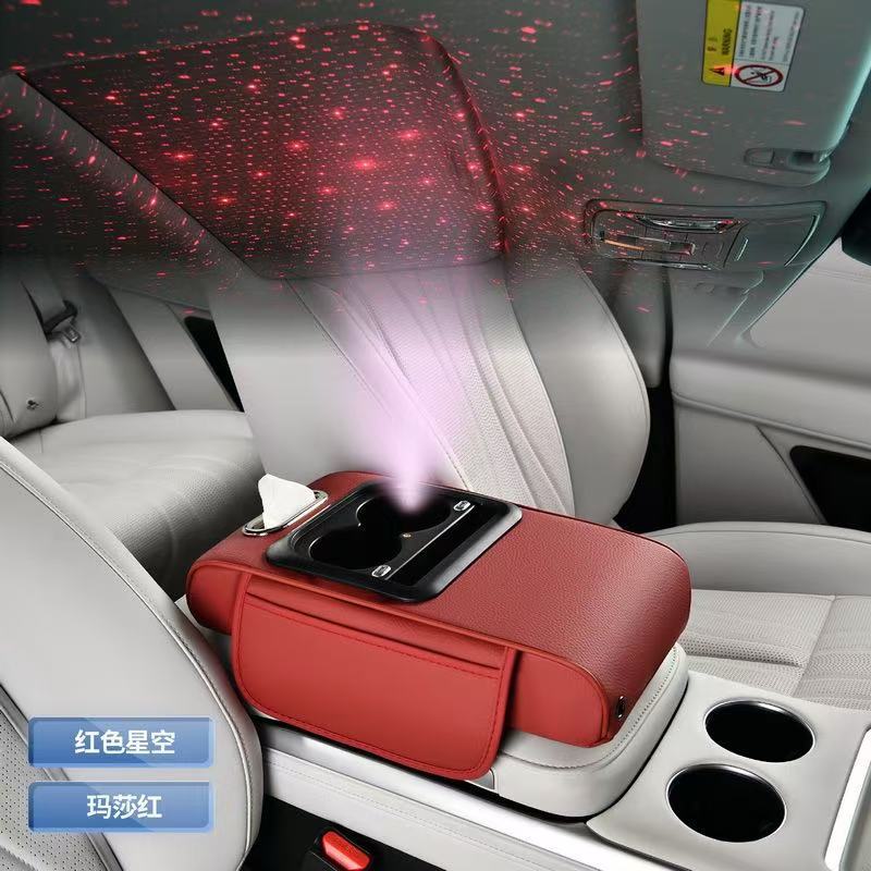 Rechargeable car armrest box with a heightening pad, multifunctional car tissue box, and rechargeable car armrest pad