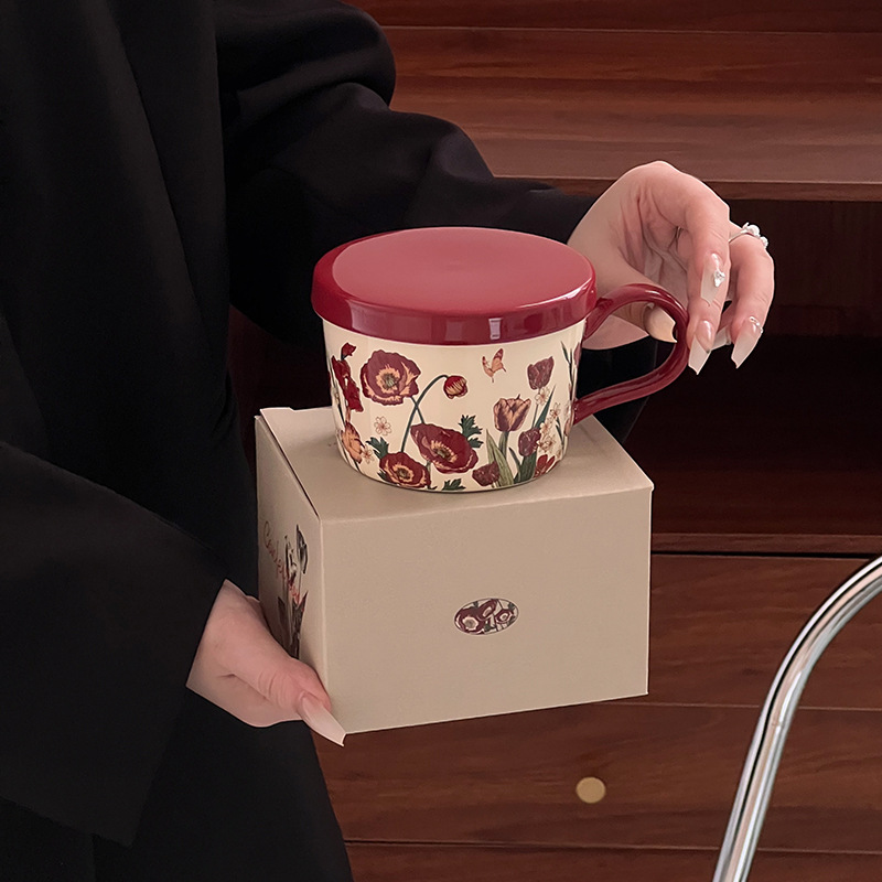 Retro pinturas al óleo de flores de conejo tazas de café y platos de cerámica tazas de café caja de regalo para el hogar diario