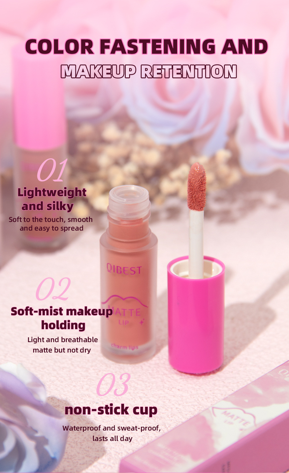QIBEST Cross-border Smooth matte Lip Gloss, non-stick, non-fading, waterproof, moisturizing and long-lasting matte lip gloss undefined