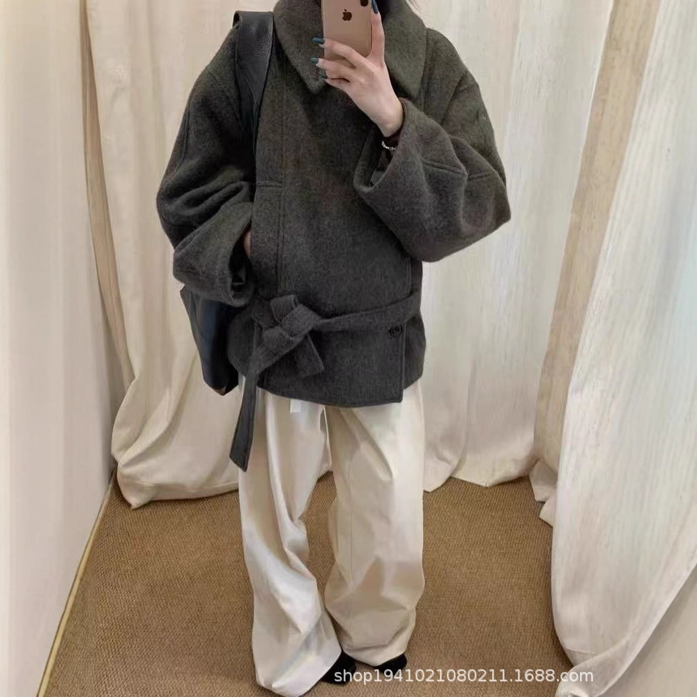 Le*aire短款羊毛大衣女24年秋冬新款阔版显瘦小个子系带毛呢外套