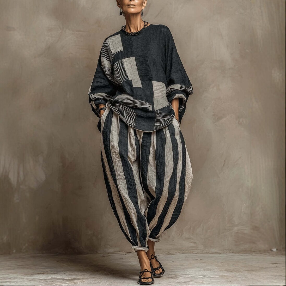 2026 yangi model yevropa-amerikan uslubida keng paxta-kundagi shrift to'plami ayol retro dangasa uslubi keng oyoq pants ikki dona fashion