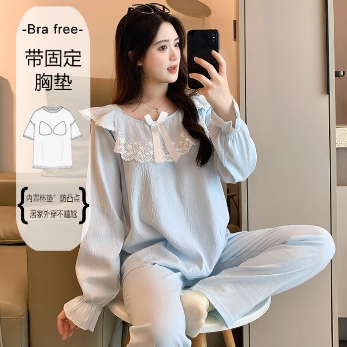 Al por mayor transfronterizo primavera y otoño nuevo pijama de mujer nube de algodón encaje cuello redondo hoodie mangas largas pantalones largos con cojín de pecho ropa para el hogar image 9