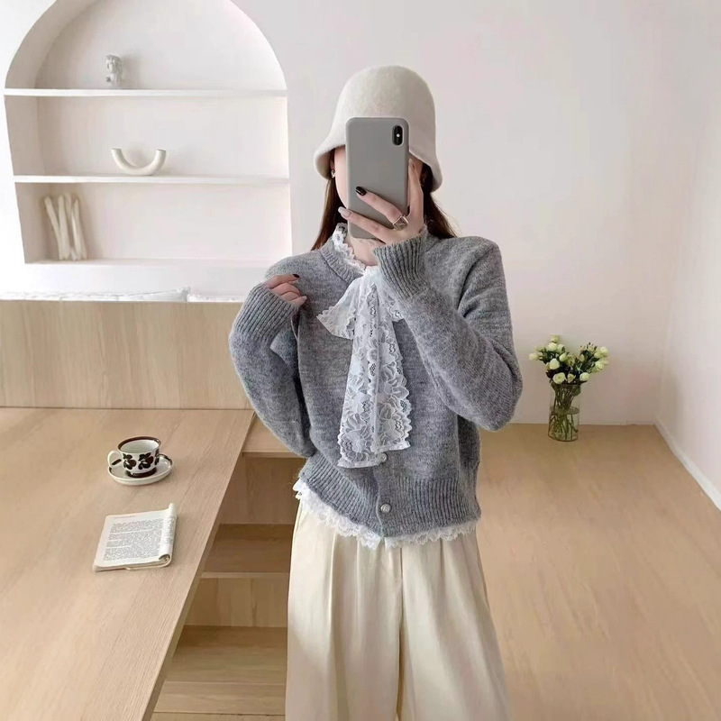 2025早秋新款针织开衫女蕾丝花边毛衣外套上衣长袖打底衫外搭小衫|undefined