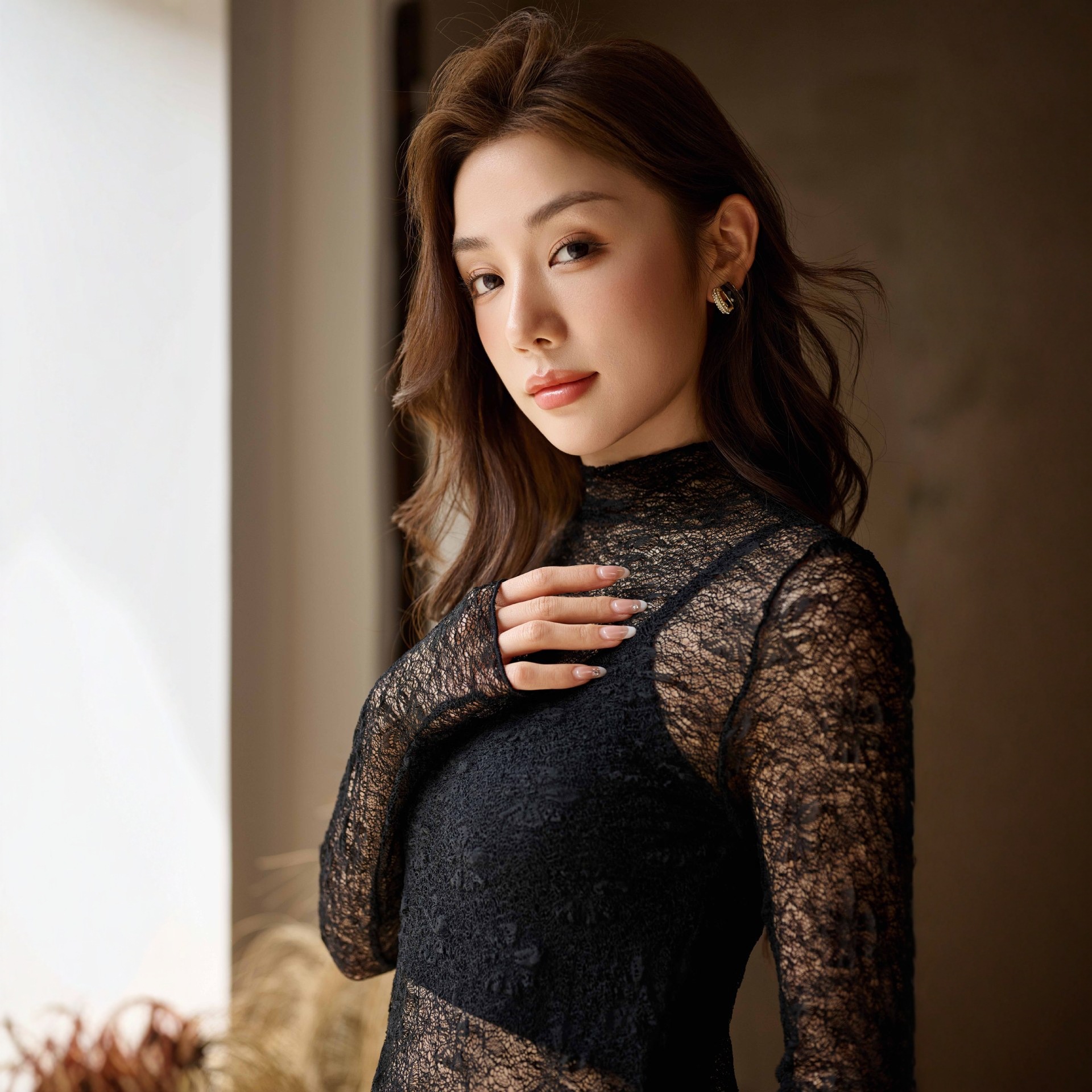 宁欣意单层半高领蕾丝衫 长袖修身透视木耳边气质内搭上衣女士