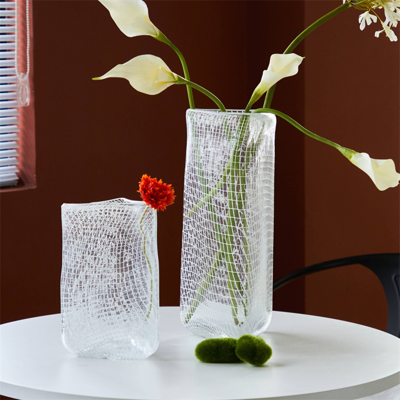 三角形网纹玻璃透明中古花瓶摆件客厅插花花器高级感电视柜软装饰