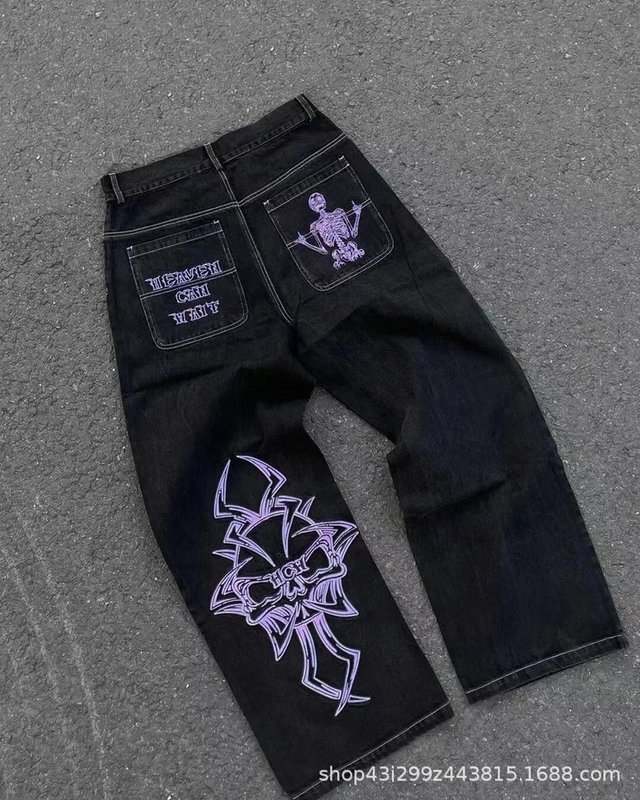 跨境电商JNCO Y2K宽松牛仔裤男士复古刺绣嘻哈街头原宿男士阔腿裤|undefined