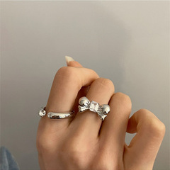 韓版S925銀甜美蝴蝶結戒指女復古時尚素圈微鑲鋯石開口指環食指戒