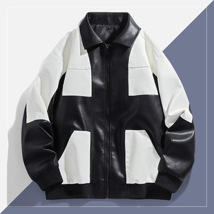 Cross-Border Trendy Men's Color Block Stitching Contrasting Motorcycle Leather Jacket Cycling Racing Suit Jacket Plus Cotton Outer