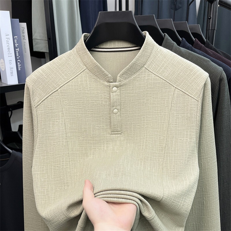 New Chinese-style stand-up collar long-sleeve t-shirt sweatshirt for men, autumn new casual versatile solid color base shirt top, available for wholesale