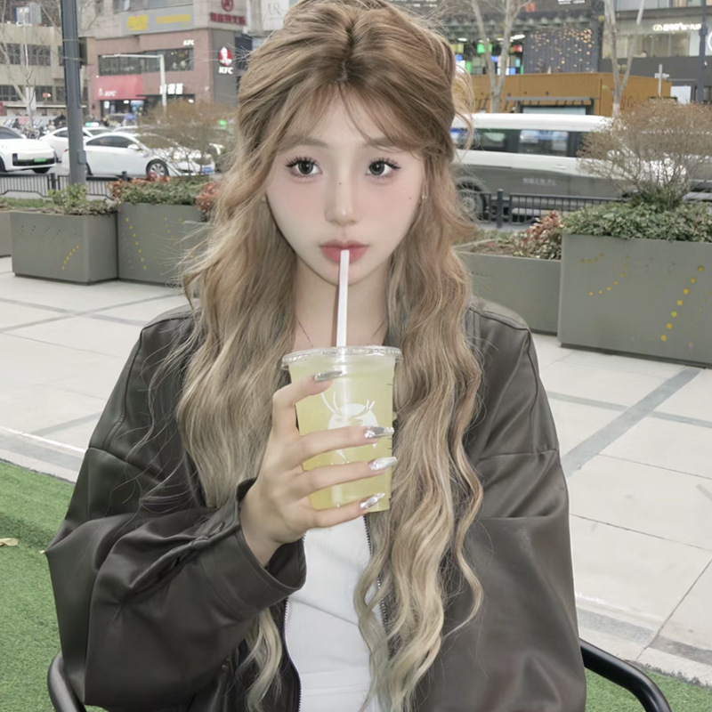 Wig Women's Long Hair with One Word Lace Platinum Gradient Yuqi's Brother Same Style TikTok Explosion Wig Full Headgear