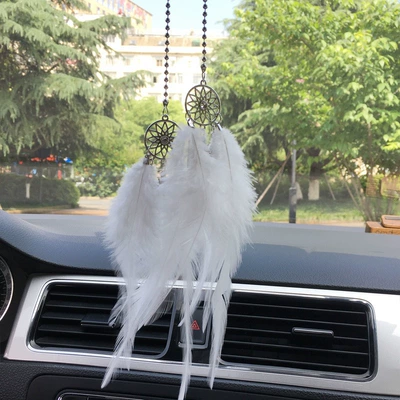 Ins-Style Double Feather Dream Catcher Car Hanging Ornament, Creative Decoration for Car Rearview Mirror, Interior Car Hanging Pendant (Car hanging) - double-feather-dream-catcher-white