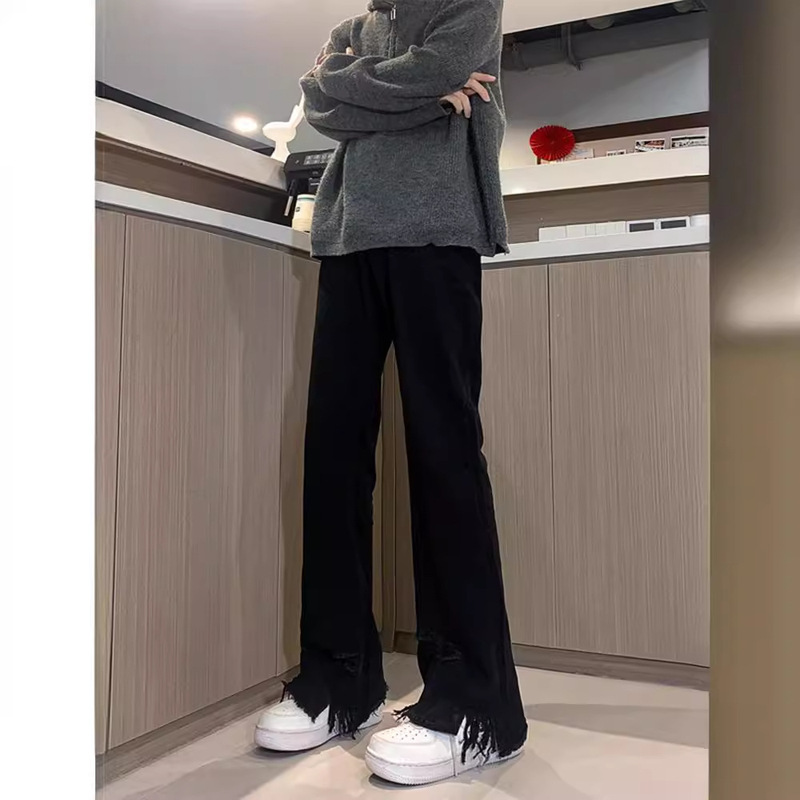 Black Rapped Jeans Men's Spring Ripped Design Sense Pants American-style High Street Vibe Slim-fit Straight Pants