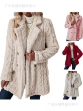 欧美爆款女士毛绒外套舒适休闲保暖西装领双排扣中长款大衣