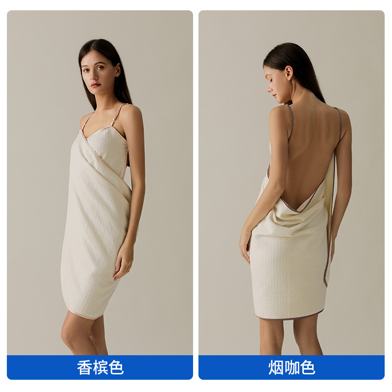 华夫格吊带浴巾女2025新款7a抗菌吸水速干可穿式露背缎面包边浴裙|undefined
