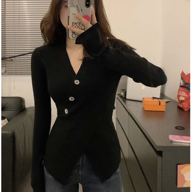 Pure Desire and Slimming Look V-Neck Sweater Cross A4 Waist Slim Slit Pullover Knitted Long-Sleeved Inner Top V-Neck New