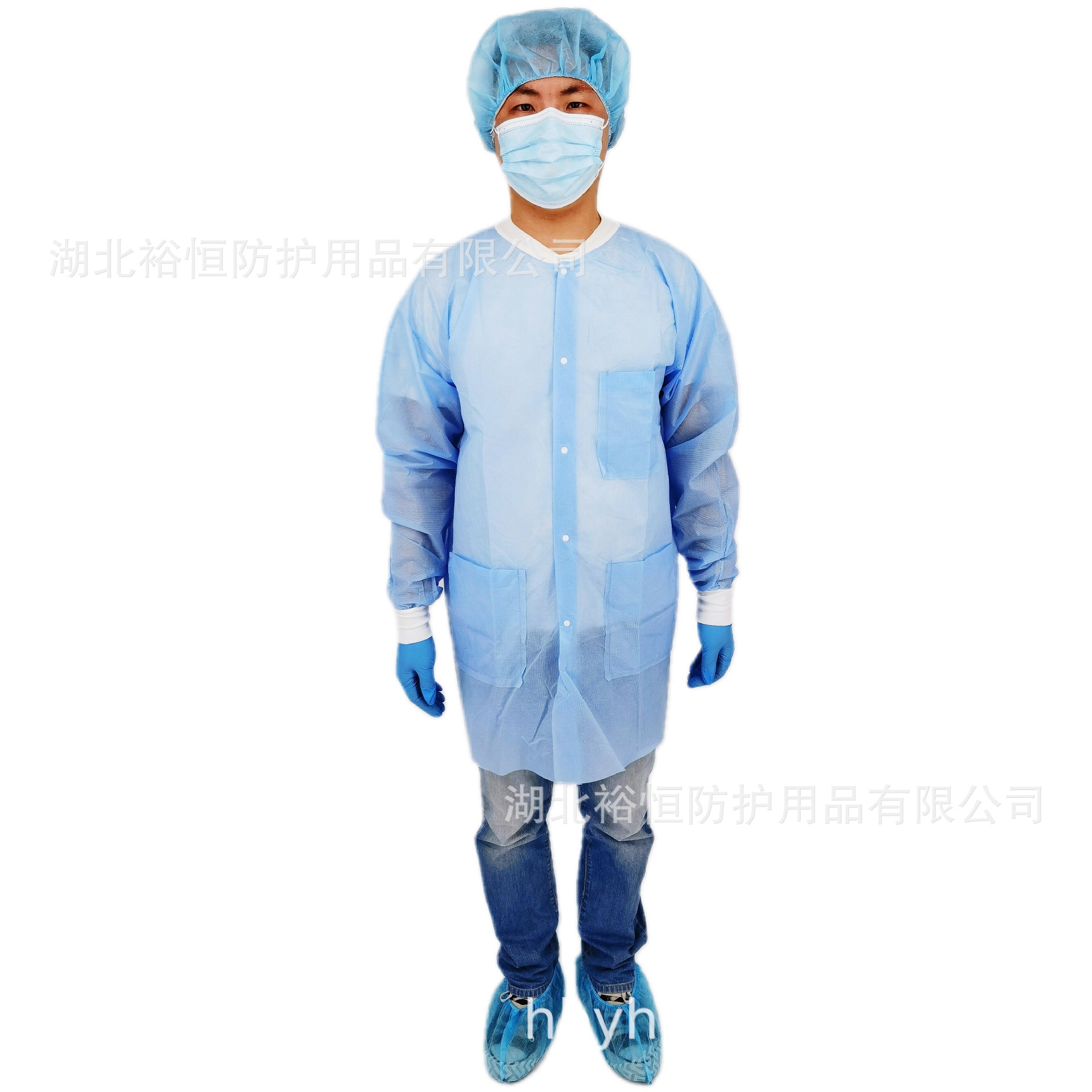 厂家现货一次性无纺布SMS实验服工作服中长款针织袖口领口按扣款