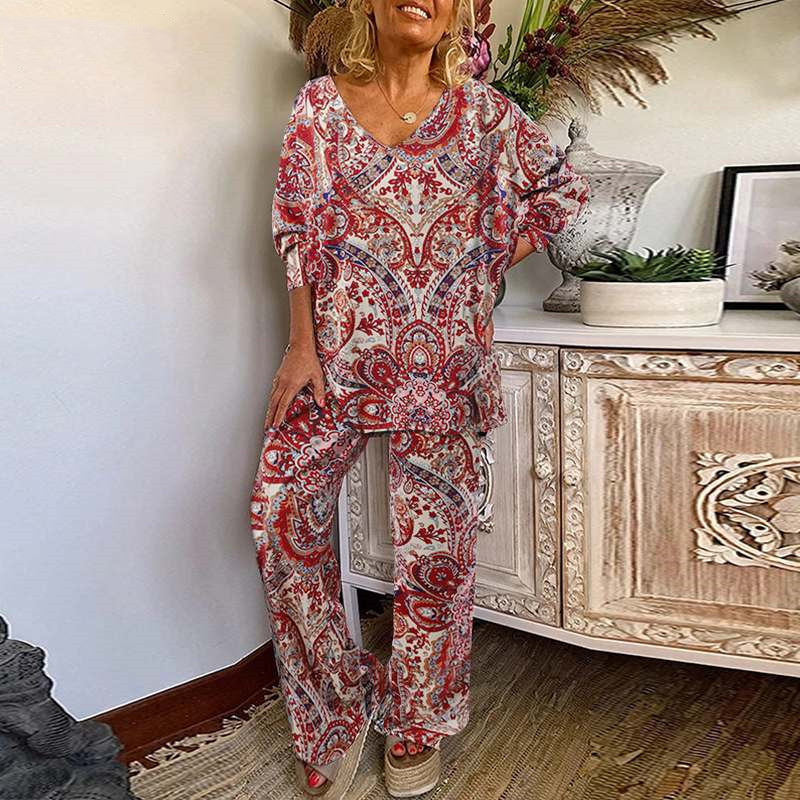 Ensemble haut fleuri à col en V pour femme, pantalon ample à taille élastique, manches longues, style bohème élégant, idéal pour le printemps_voghion.com