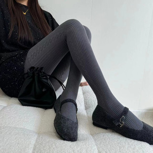 Autumn Side Twist Pantyhose Grey Thread Knitted Warm Slimming Jacquard Fit Right Angle Heeled Leggings