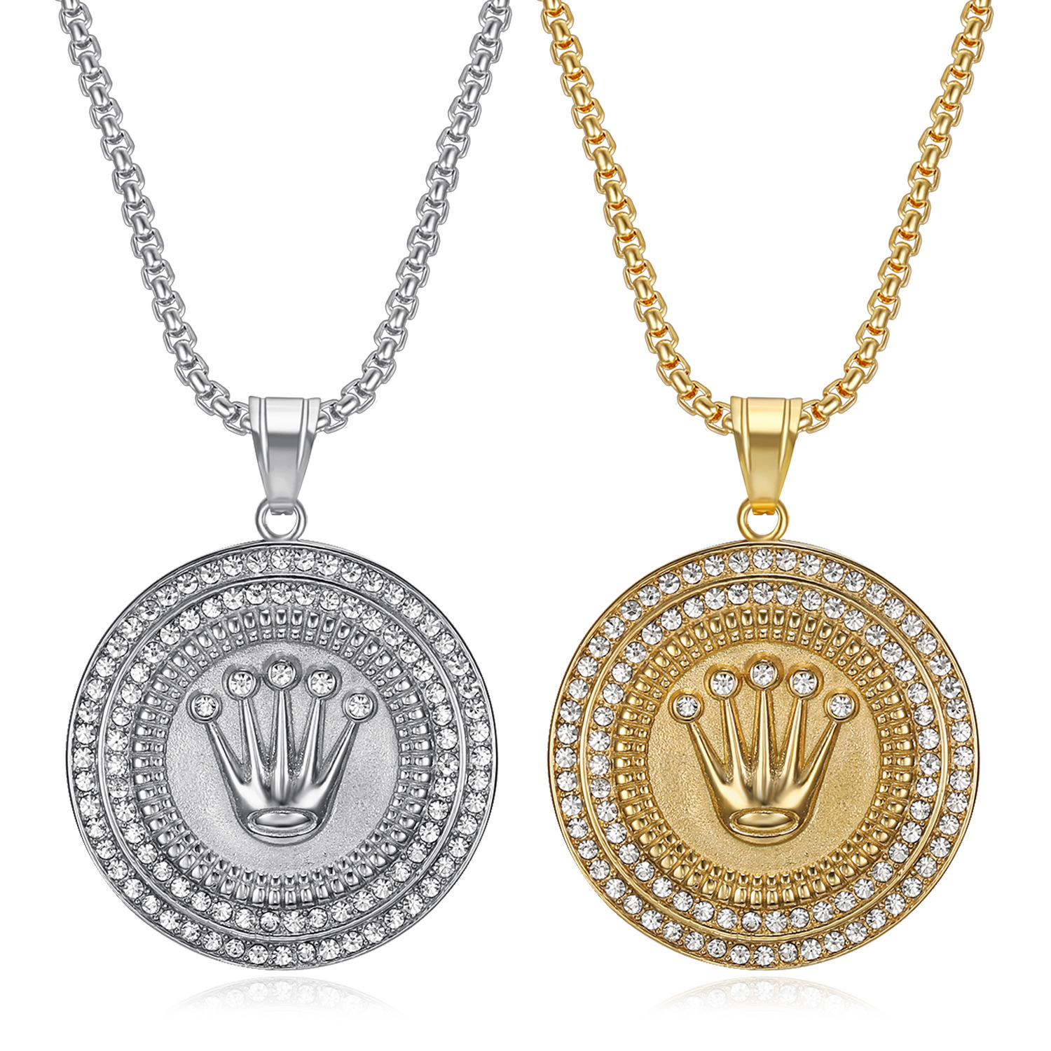 Pendant, Chain Jewelry Making Type Hip-Hop Round Crown Titanium Steel Plating Rhinestones 18K Gold Plated Men's
