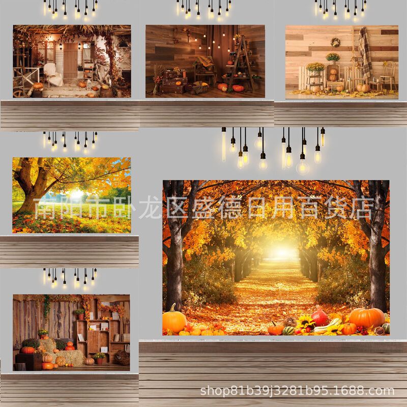 Cross-border Autumn Maple landscape photo background Thanksgiving wood grain pumpkin photo banner portrait background cloth wholesale