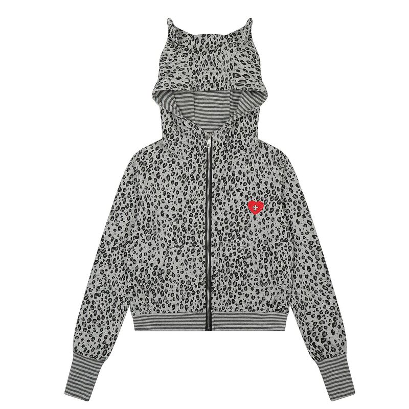 2026 Spring Leopard Print Cat Ear Hoodie Women's Heart Logo Zipper Cardigan Sweet Cool Short Loose Street Style Jacket