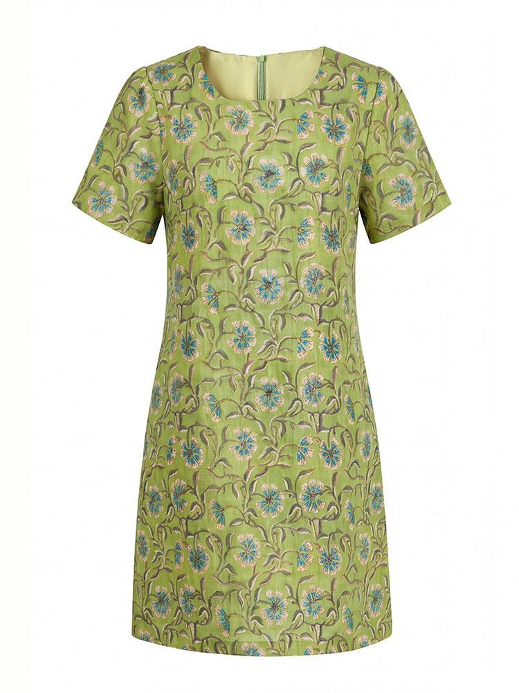 Đầm maxi nữ thắt eo tay ngắn họa tiết vintage chất lụa tơ tằm phối sợi gai — xanh lá cây