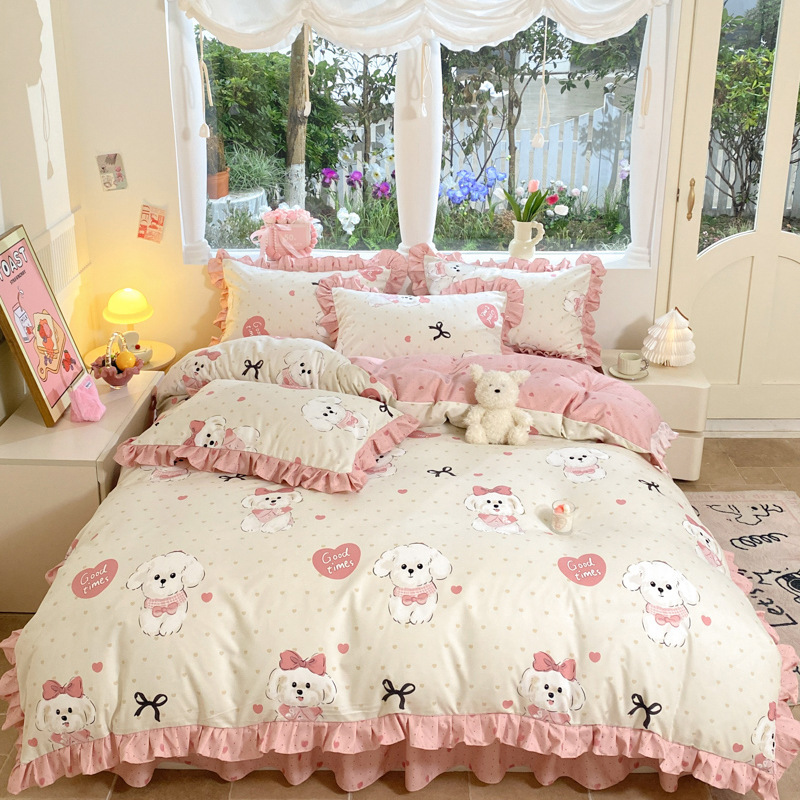 Ins Korean Style Lace Cotton Four-Piece Set Thickened Sanding Fresh Style Princess Style Bed Skirt Cotton Bedding