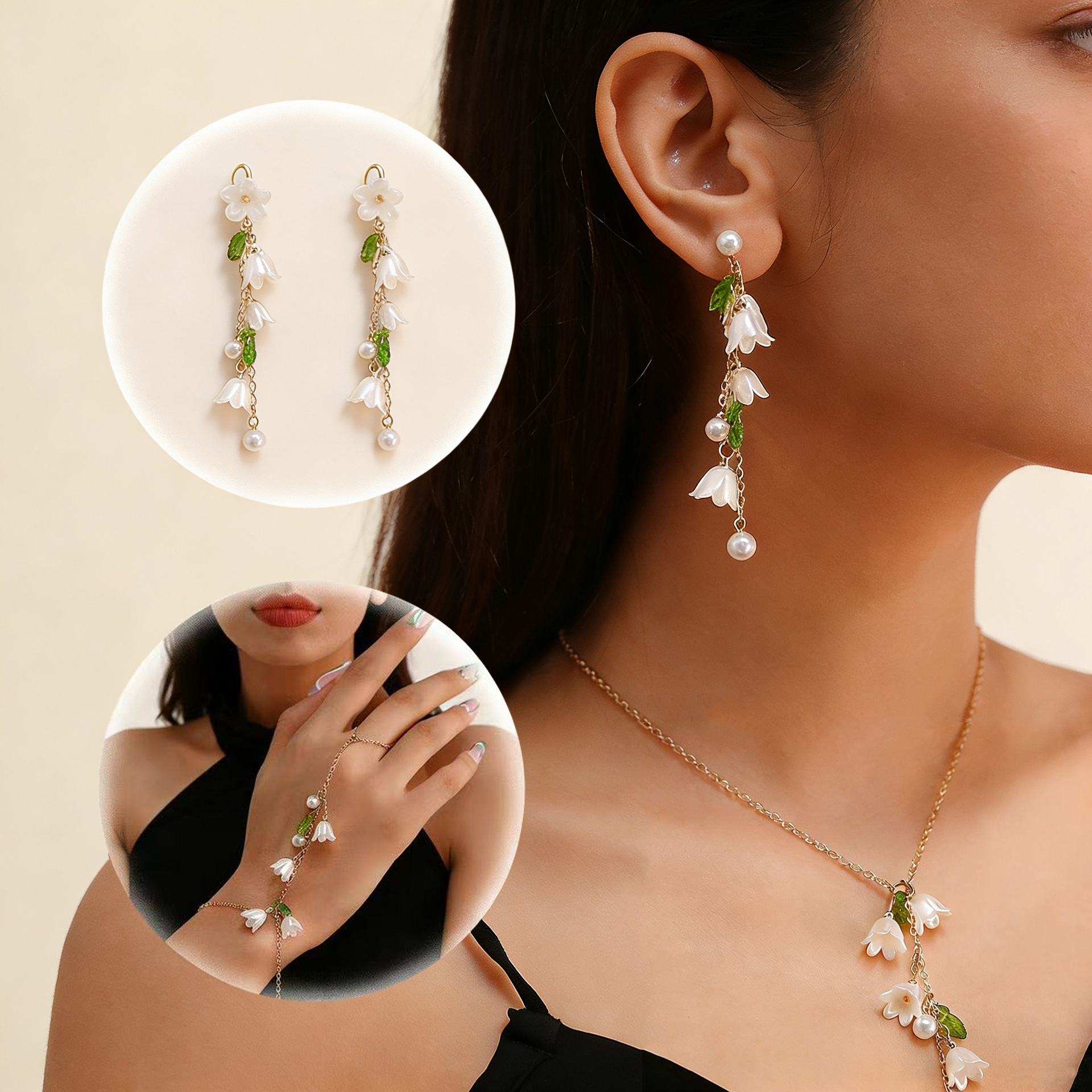 Cross-Border European and American Long Tassel Lily of the Valley Flower Earrings Fashionable Elegant Pearl Flower Ins Fresh Earrings Women's Jewelry