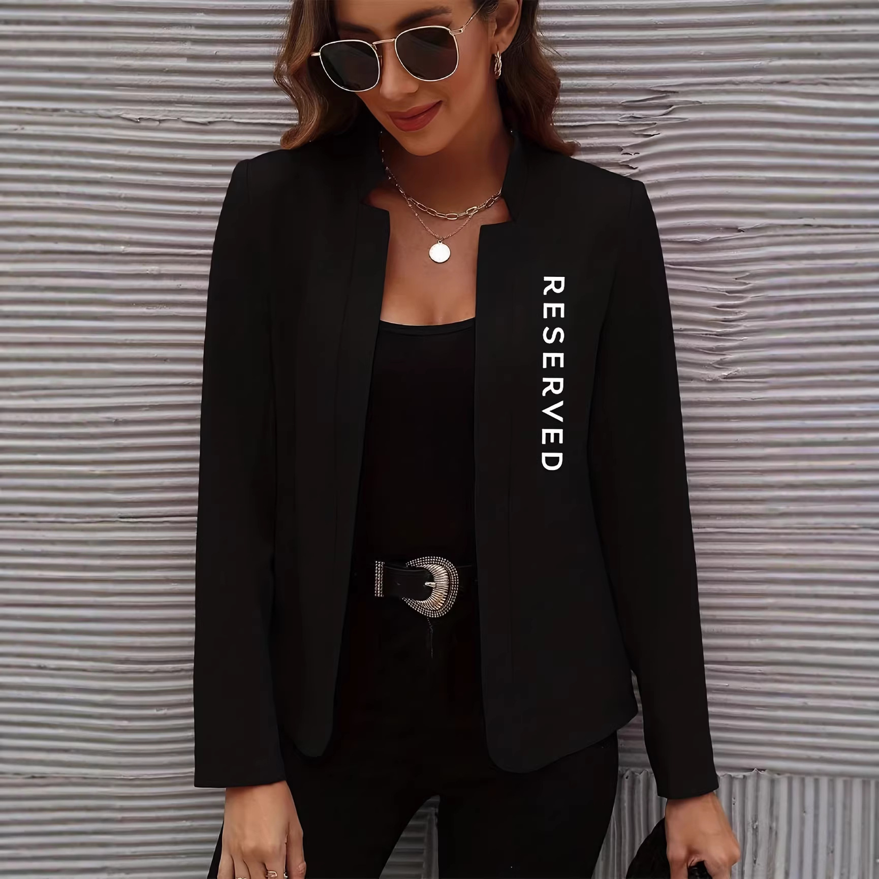 Women's Clothing American Style Stand Up Collar Fitted Waist Black Blazer Long Sleeve Elegant Fashion Print Outerwear_voghion.com