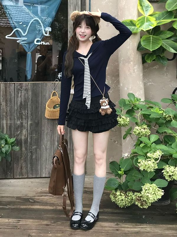 学院风海军领条纹拼接长袖T恤女秋季设计感修身显瘦内搭打底上衣|undefined