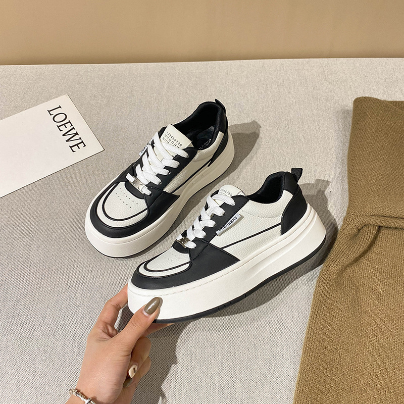 Women's thick-soled leather White shoes 2024 new all-matching lace-up black and white sneaker height increasing sneakers casual shoes Women's thick-soled leather White shoes 2024 new all-matching lace-up black and white sneaker height increasing sneakers casual shoes
