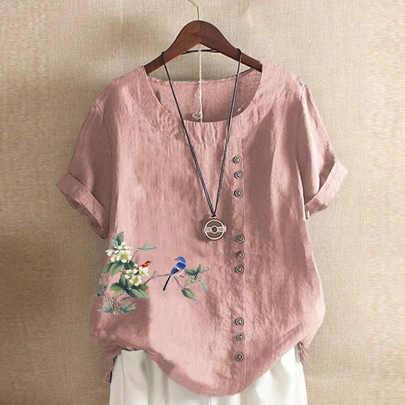 綿麻半袖Tシャツ夏ゆったり大きいサイズ婦人服レトロスタイルプリントボタンシャツシャツトップTシャツ|undefined