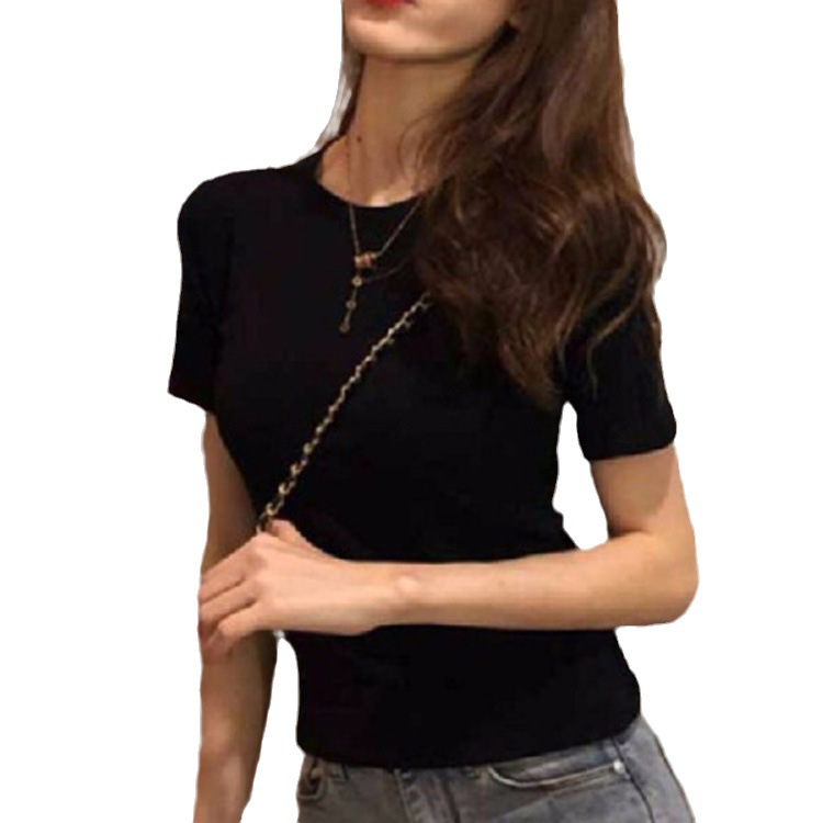 Camiseta de manga corta con cuello redondo y color sólido para mujer, novedad de verano 2025, estilo coreano, ajustada, ropa de mujer al por mayor para exportación