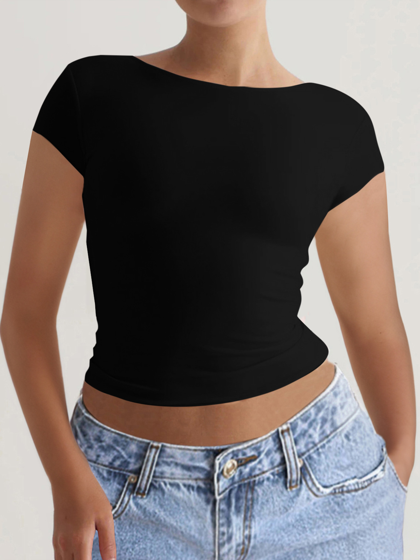 91g Weight Short Sleeve Sleeve Length Pullovers Placket Type Regular Sleeve Sleeve Type Spandex, Viscose fiber Fabric Type Regular Top Length T-shirt Tops Type Daily Occasion Round Neck Neckline Comfort Function Slim Fit Type Solid Color Pattern 2025 Spring and Summer Season Women's Gender Backless Design Streetwear Style Wholesale Women's Streetwear Solid Color Short Sleeve Backless T-Shirts 18