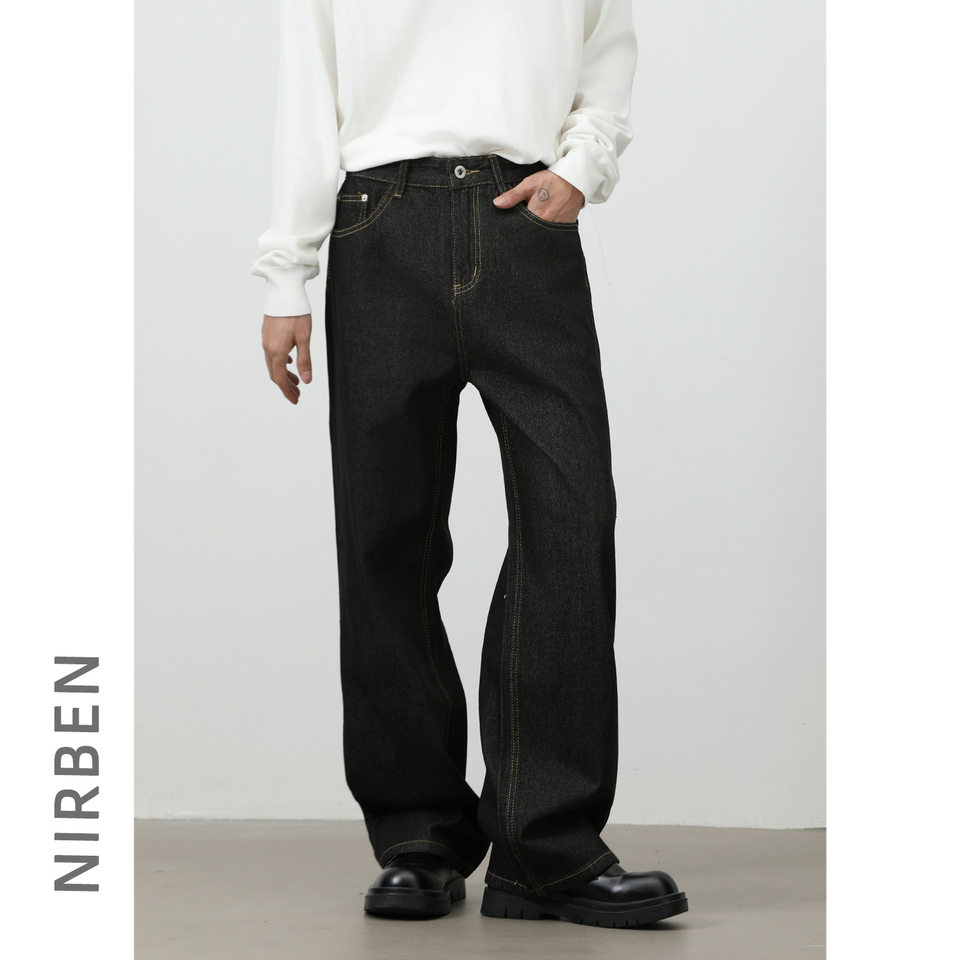 Quần jean denim nam dáng rộng ống thẳng Mỹ — Denim đen, màu xanh denim